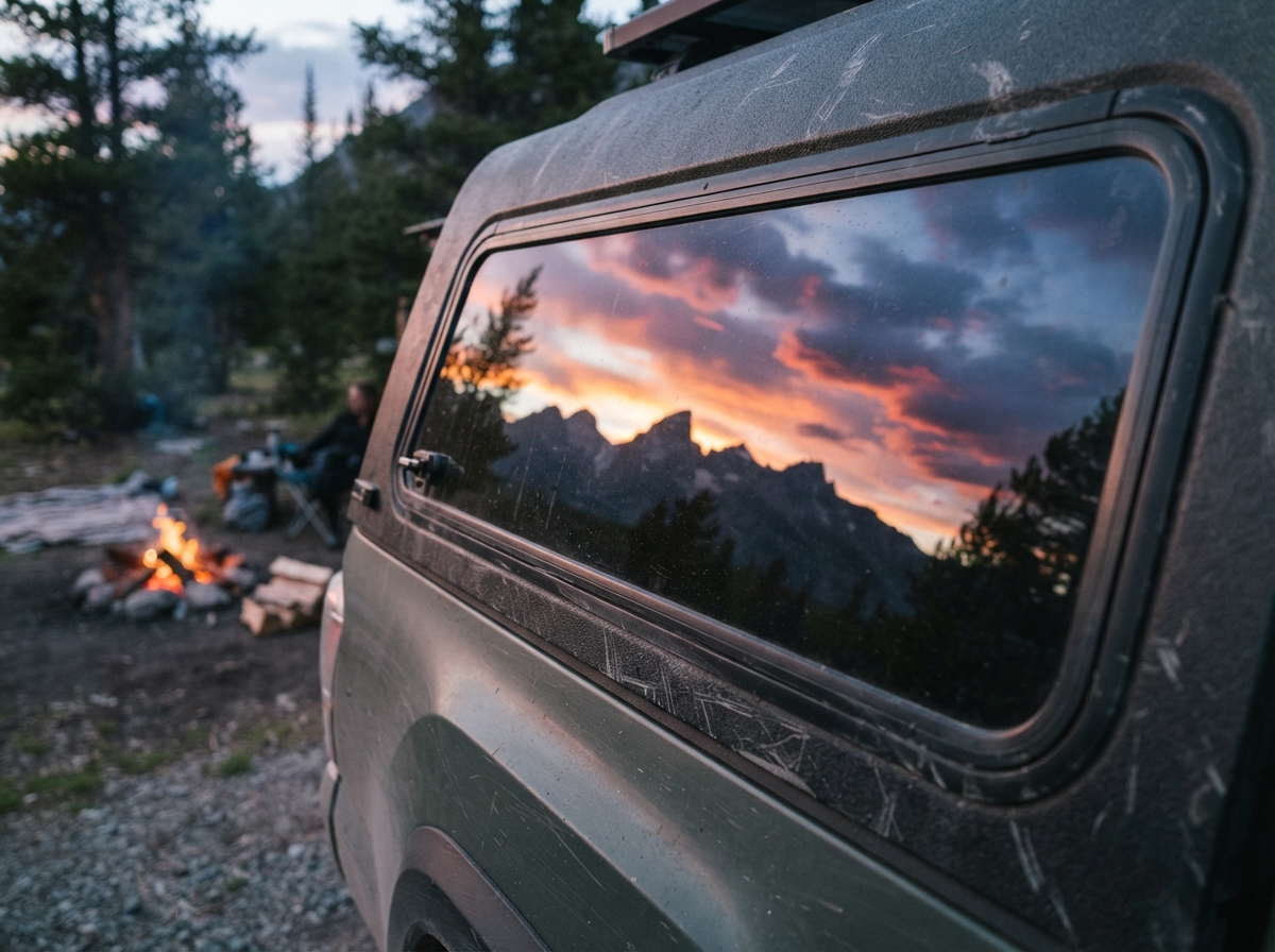 Truck topper side window reflecting a mountain sunset over a campsite